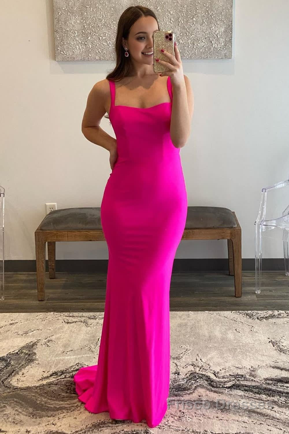 Hot Pink Satin Mermaid Prom Dress Main image