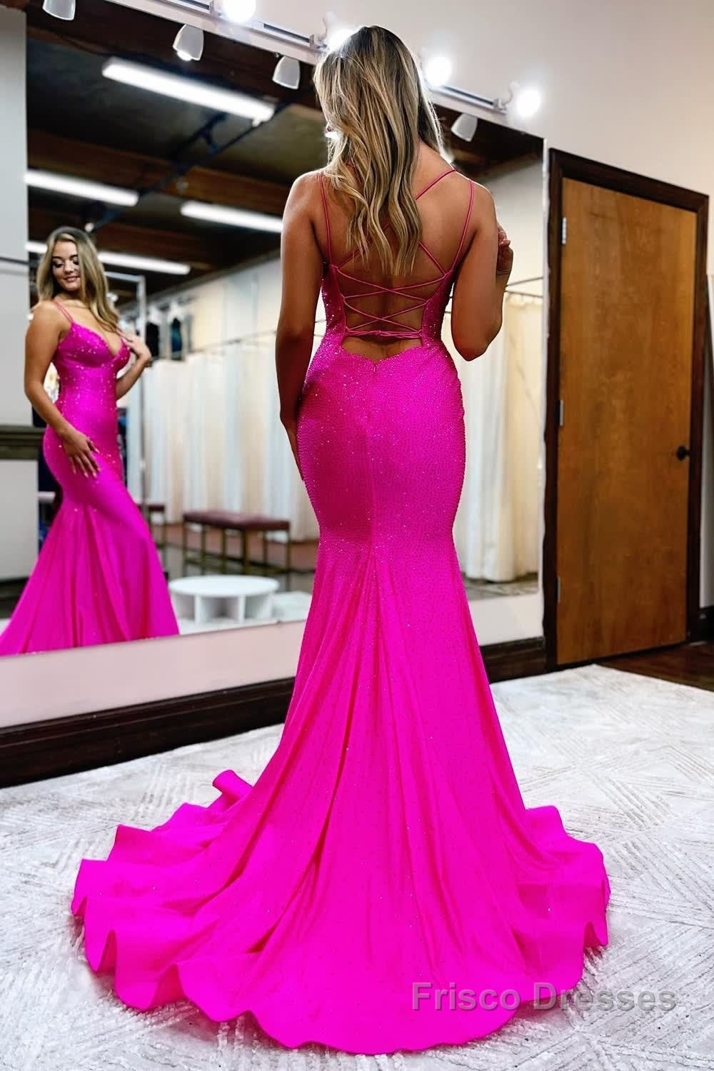 Hot Pink Sequined Spaghetti Straps Prom Dress Secondary image