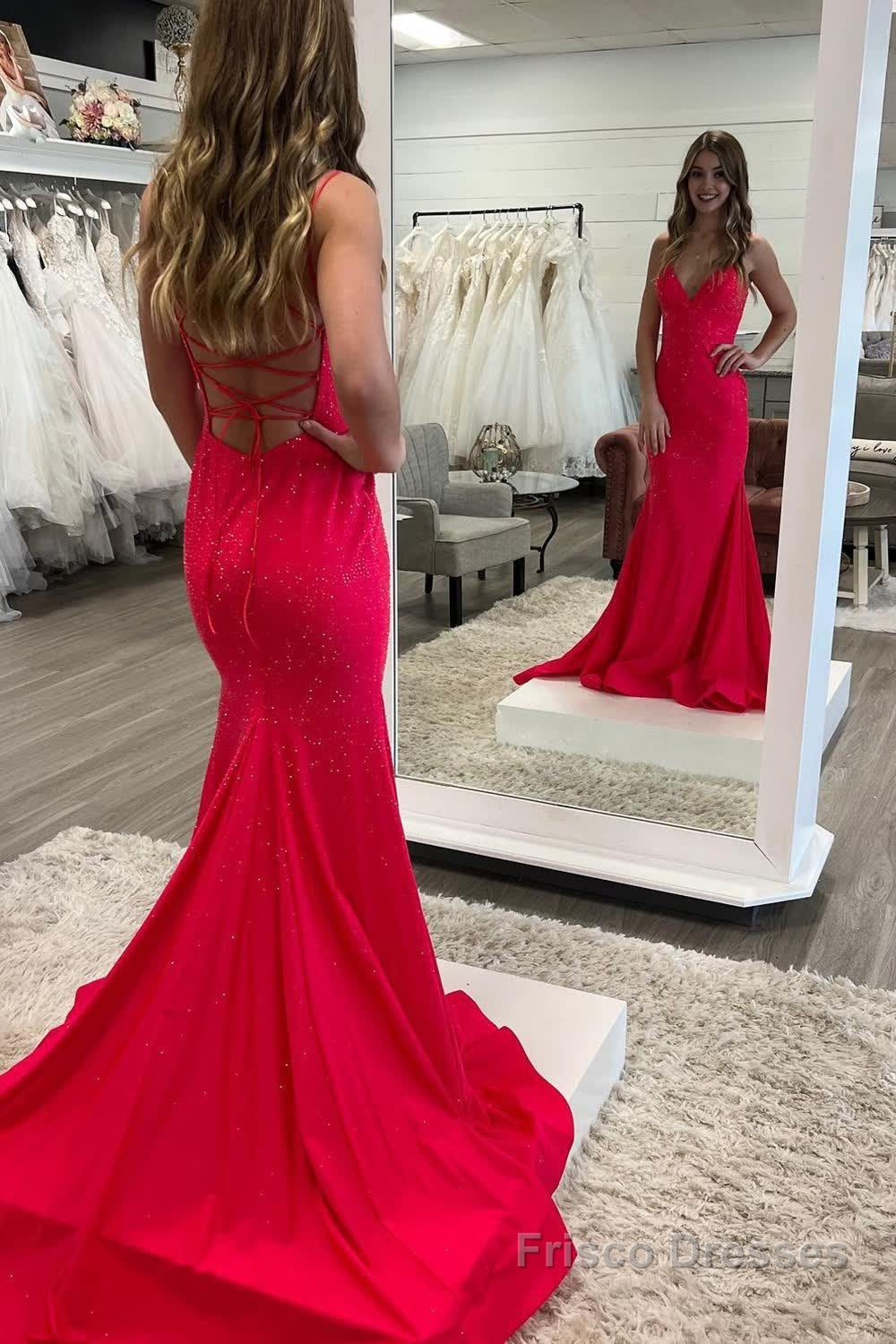Hot Pink Sequined Spaghetti Straps Prom Dress