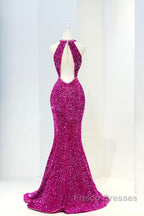 Hot Pink Sequins Long Formal Prom Dress, Mermaid Backless Evening Dress