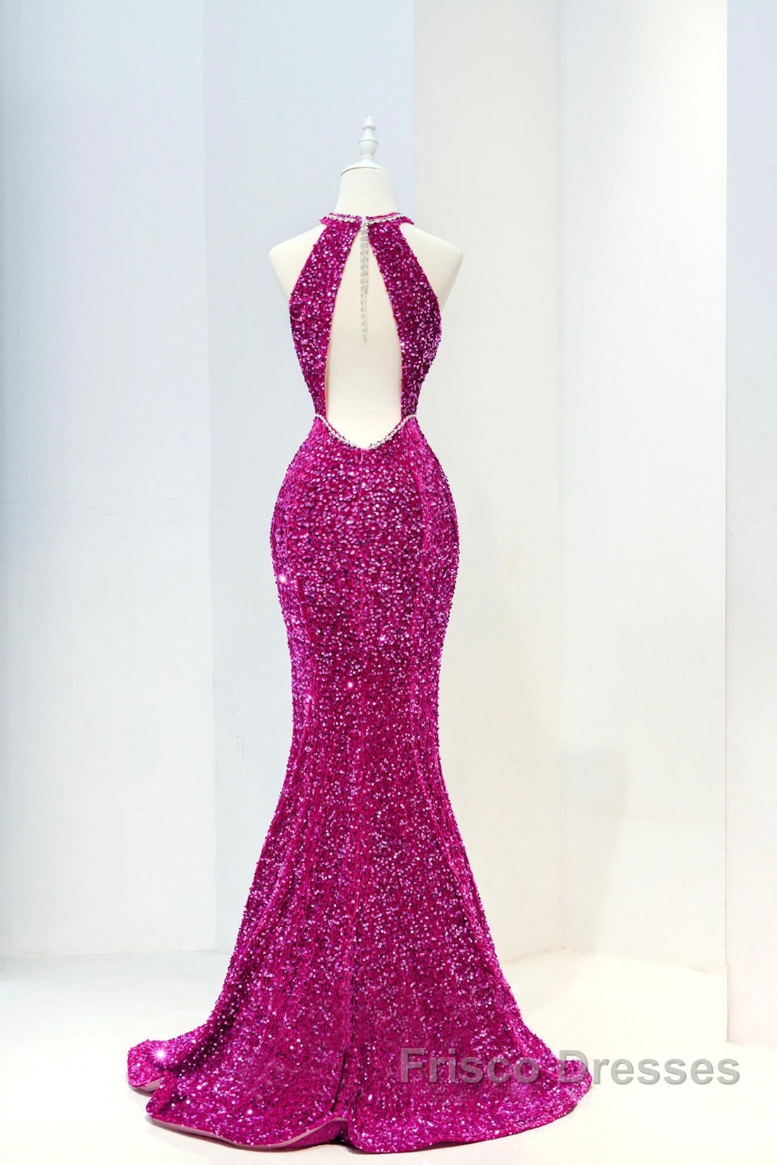 Hot Pink Sequins Long Formal Prom Dress, Mermaid Backless Evening Dress