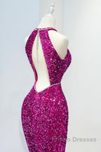 Hot Pink Sequins Long Formal Prom Dress, Mermaid Backless Evening Dress
