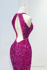 Hot Pink Sequins Long Prom Dress, Mermaid Backless Evening Dress