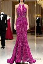Hot Pink Sequins Long Formal Prom Dress, Mermaid Backless Evening Dress