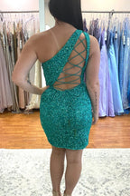 Hot Pink Sequins Tight One Shoulder Homecoming Dress