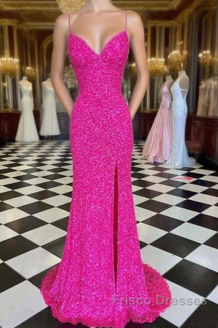 Hot Pink Straps Formal Prom Dress With Slit