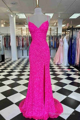 Hot Pink Straps Prom Dress With Slit