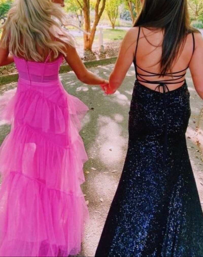 Hot Pink Straps Tiered A-Line Long Prom Dress