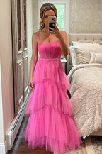 Hot Pink Straps Tiered A-Line Long Prom Dress