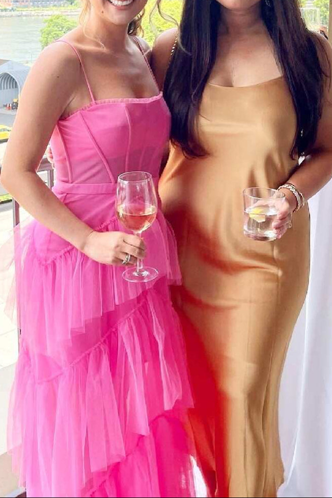 Hot Pink Straps Tiered A-Line Long Prom Dress
