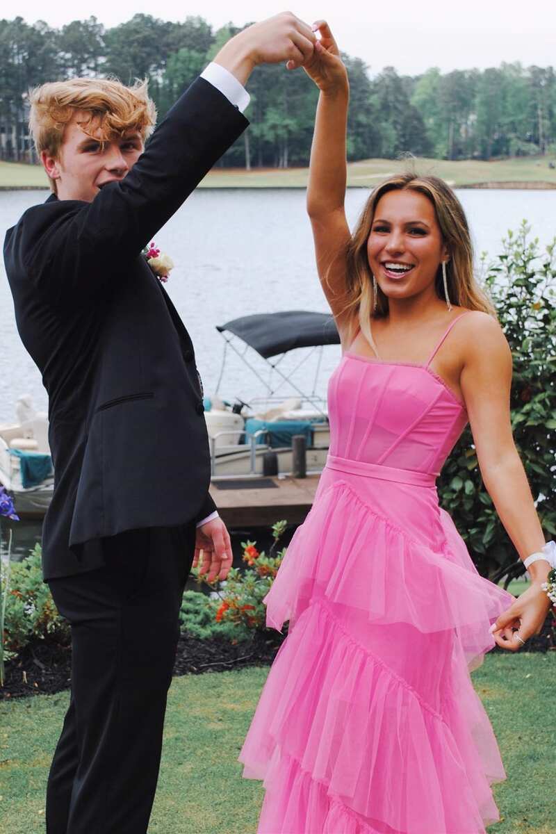 Hot Pink Straps Tiered A-Line Long Prom Dress Main image