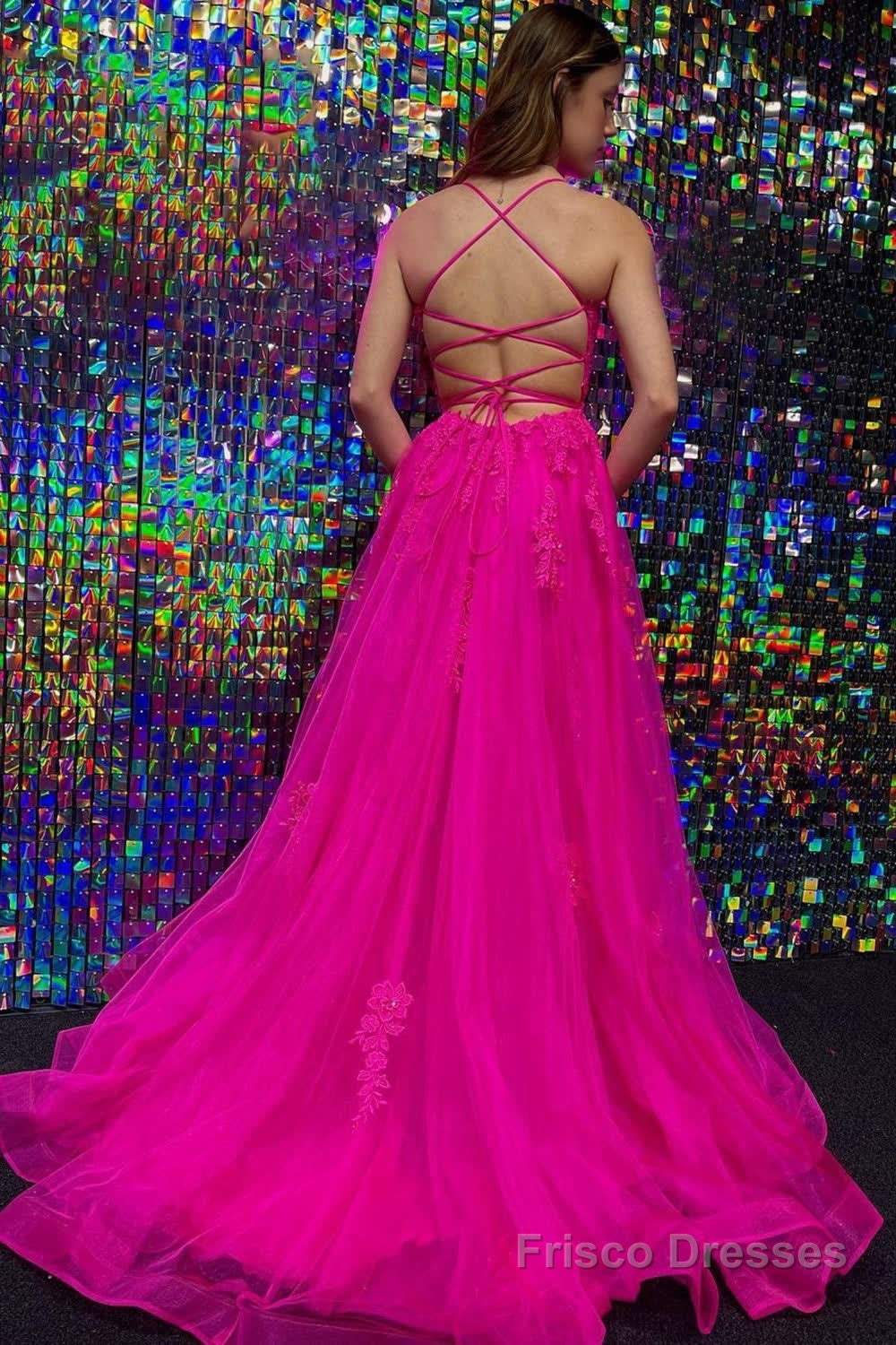 Hot Pink Tulle A Line Prom Dress with Appliques Secondary image