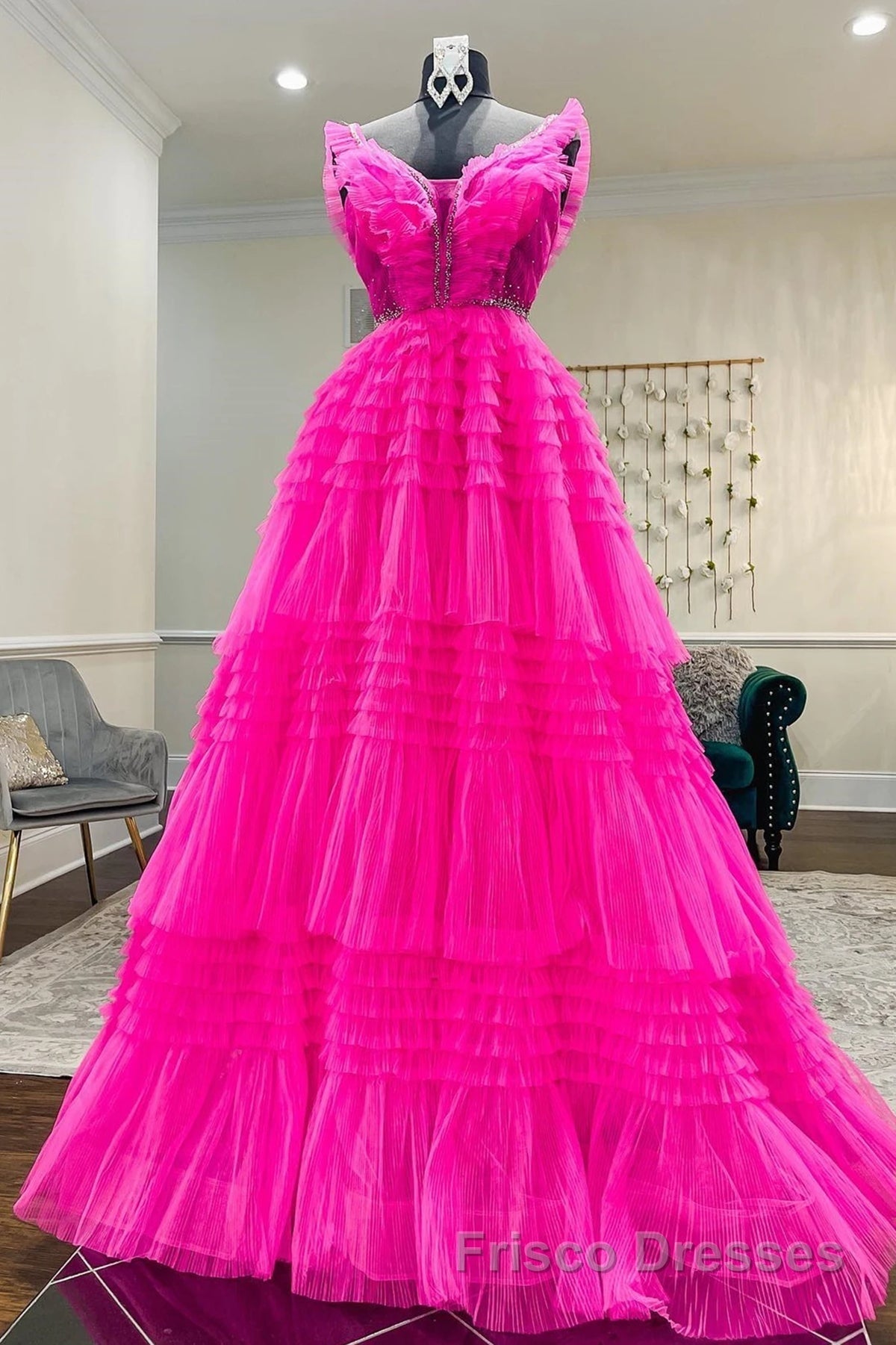 Hot Pink Tulle Long Formal Prom Dresses, Hot Pink Long Formal Graduation Dresses Secondary image