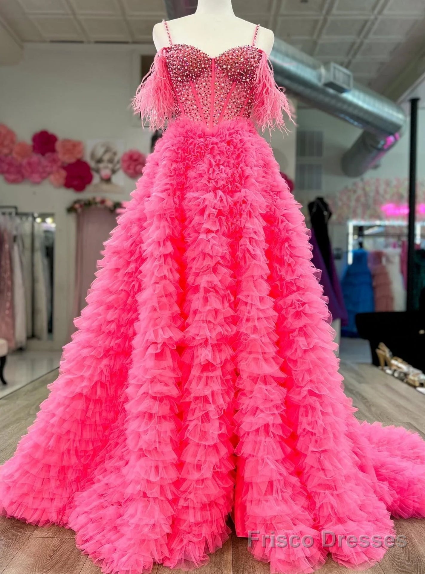 Hot Pink Tulle Tiers Beading Prom Dress Main image