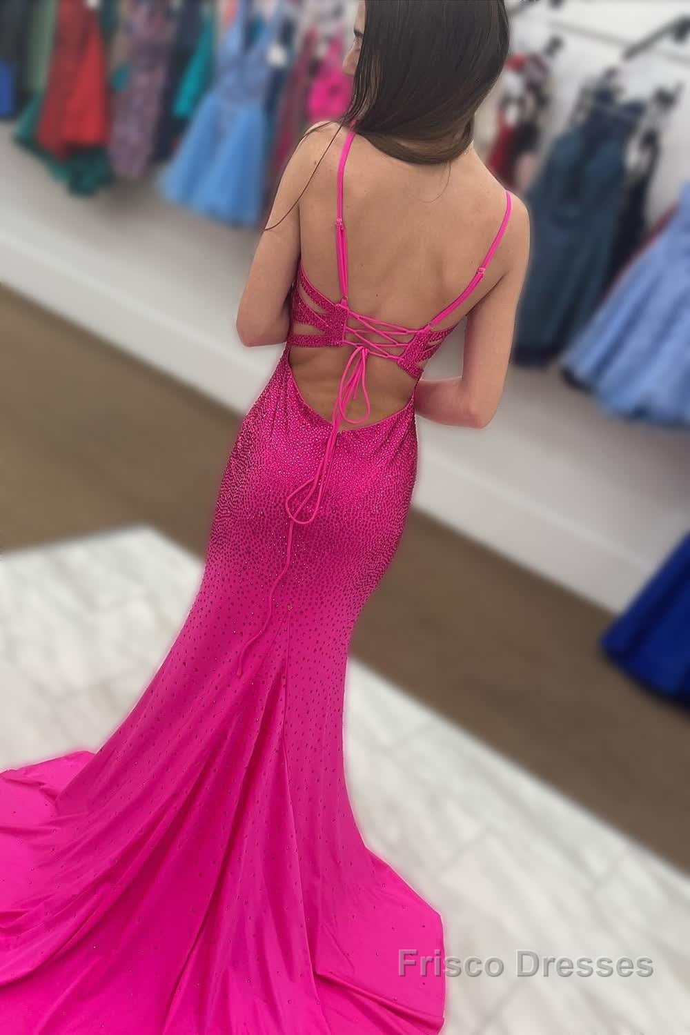 Hot Pink V Neck Mermaid Prom Dress with Slit Secondary image