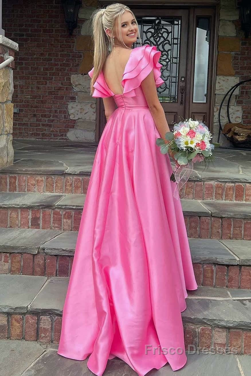 Hot Pink V-Neck Ruffle A-Line Long Prom Dress Secondary image