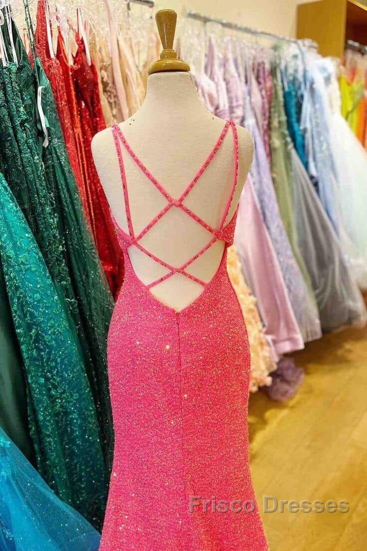 Hot Pink V Neck Sequins Long Formal Prom Dress Crossed Back Mermaid With Slit Secondary image