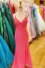 Hot Pink V Neck Sequins Long Prom Dresses Crossed Back Mermaid With Slit
