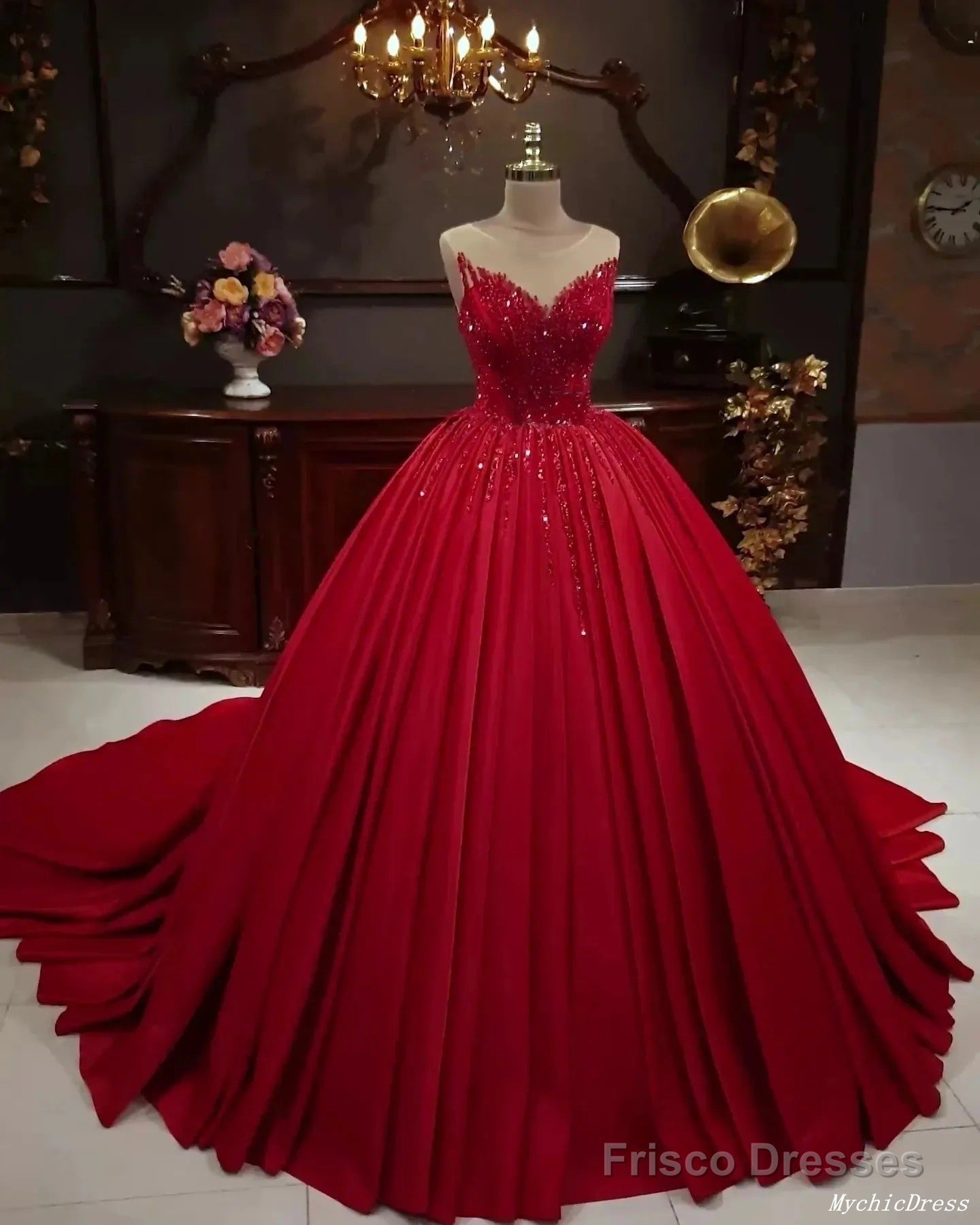 Hot Red Sequins Quince Dresses Sleeveless Stretch Satin Sweet 16 Dress Main image