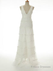 Hot Sale A-line V-neck Cascade Gorgeous Lace Wedding Dresses