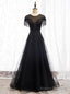 Hot Sale Black Tulle Lace Cap Sleeve Beading Prom Dress
