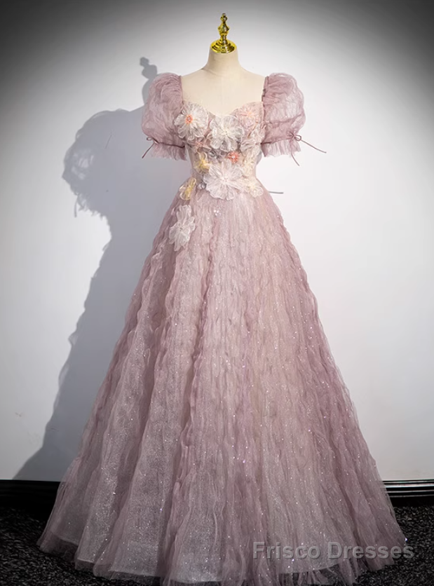 Hot Sale Pink Tulle Puff Sleeve Flower Prom Dress Main image
