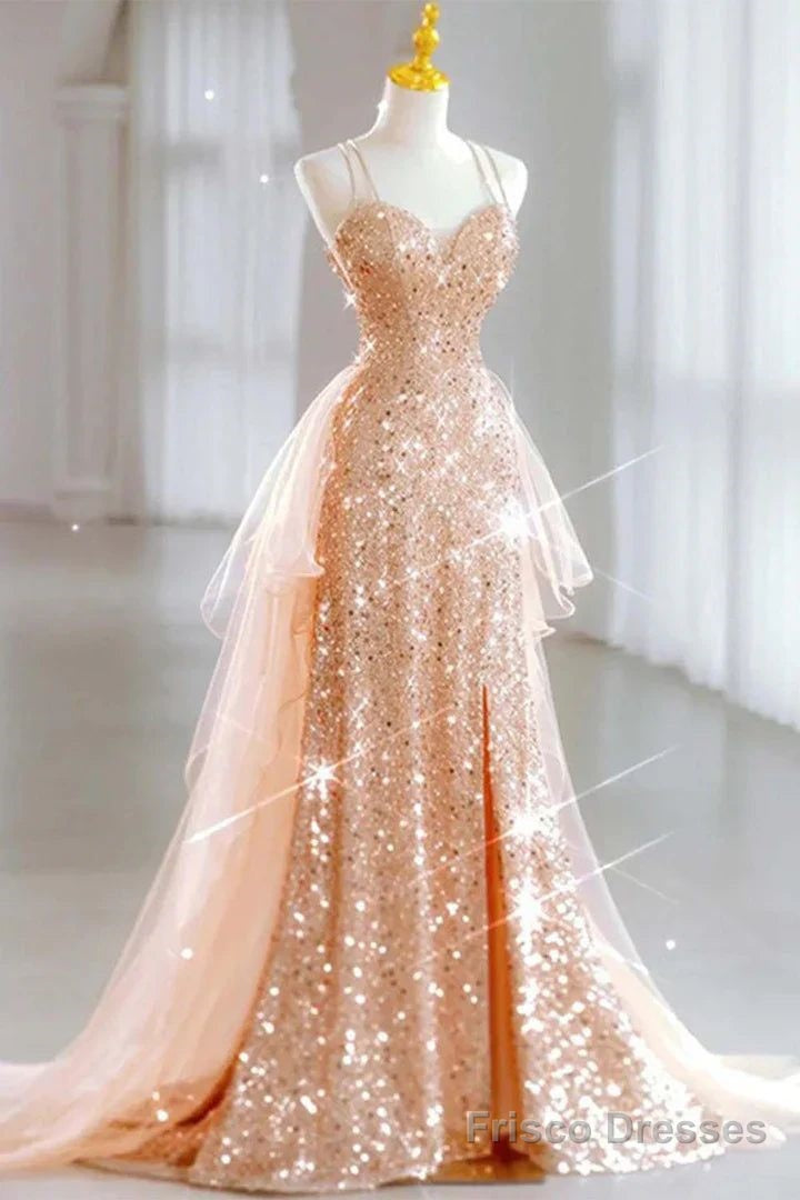 Hot Shiny A line Spaghetti Straps Sleeveless Sequin Tulle Long Prom Dresses Main image