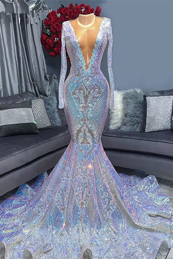 Hot Sparkle Sequin V Neck Long Sleeves Mermaid Prom Dresses Main image