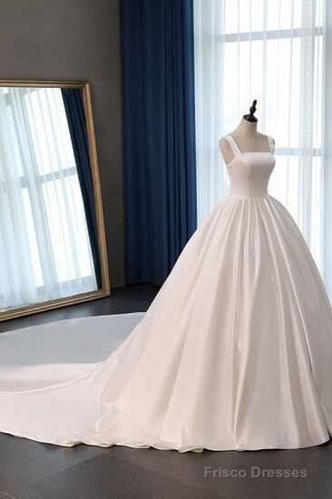 Hot Square Neck Satin Wedding Dresses Ball Gown Sleeveless Bridal Dress Cheap