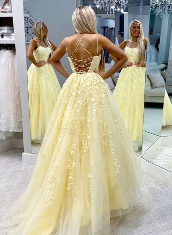 Hot Yellow Tulle Lace Long Prom Dress Party Dress Secondary image