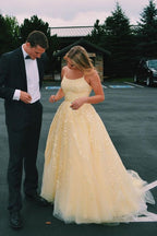 Hot Yellow Tulle Lace Long Prom Dress Party Dress