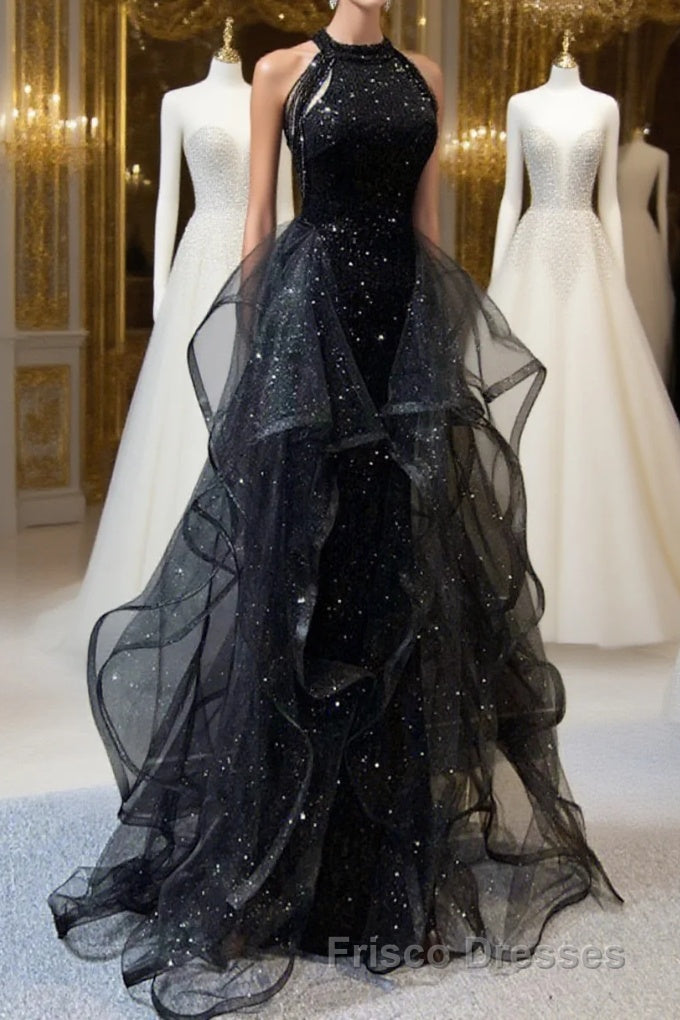 A-Line Formal Prom Dress Vintage Dress Wedding Guest Wedding Party Sweep / Brush Train Sleeveless Halter Neck Wednesday Addams Family Sequined with Crystals Sequin Ruffles Masquerade Dress Main image