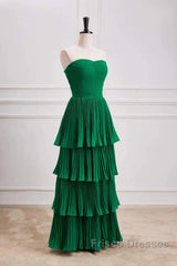 Hunter Green A-Line Chiffon Strapless Layers Long Formal Prom Dress Formal Evening Dress