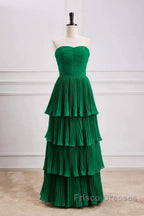 Hunter Green A-Line Chiffon Strapless Layers Long Formal Prom Dress Formal Evening Dress