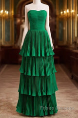 Hunter Green A-Line Chiffon Strapless Layers Long Formal Prom Dress Formal Evening Dress
