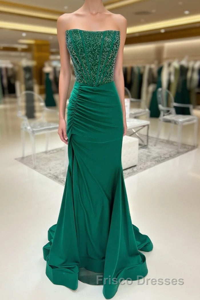 Hunter Green Mermaid Strapless Beaded Pleated Long Formal Prom Dress