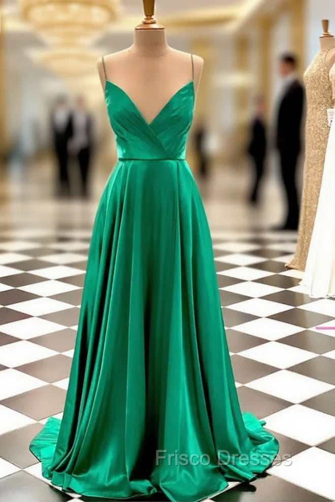 Hunter Green Formal Prom Dress, A-line V Neck Spaghetti Straps Sweep Train Charmeuse Formal Prom Dress With Pleated Main image