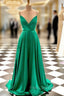 Hunter Green Formal Prom Dress, A-line V Neck Spaghetti Straps Sweep Train Charmeuse Formal Prom Dress With Pleated