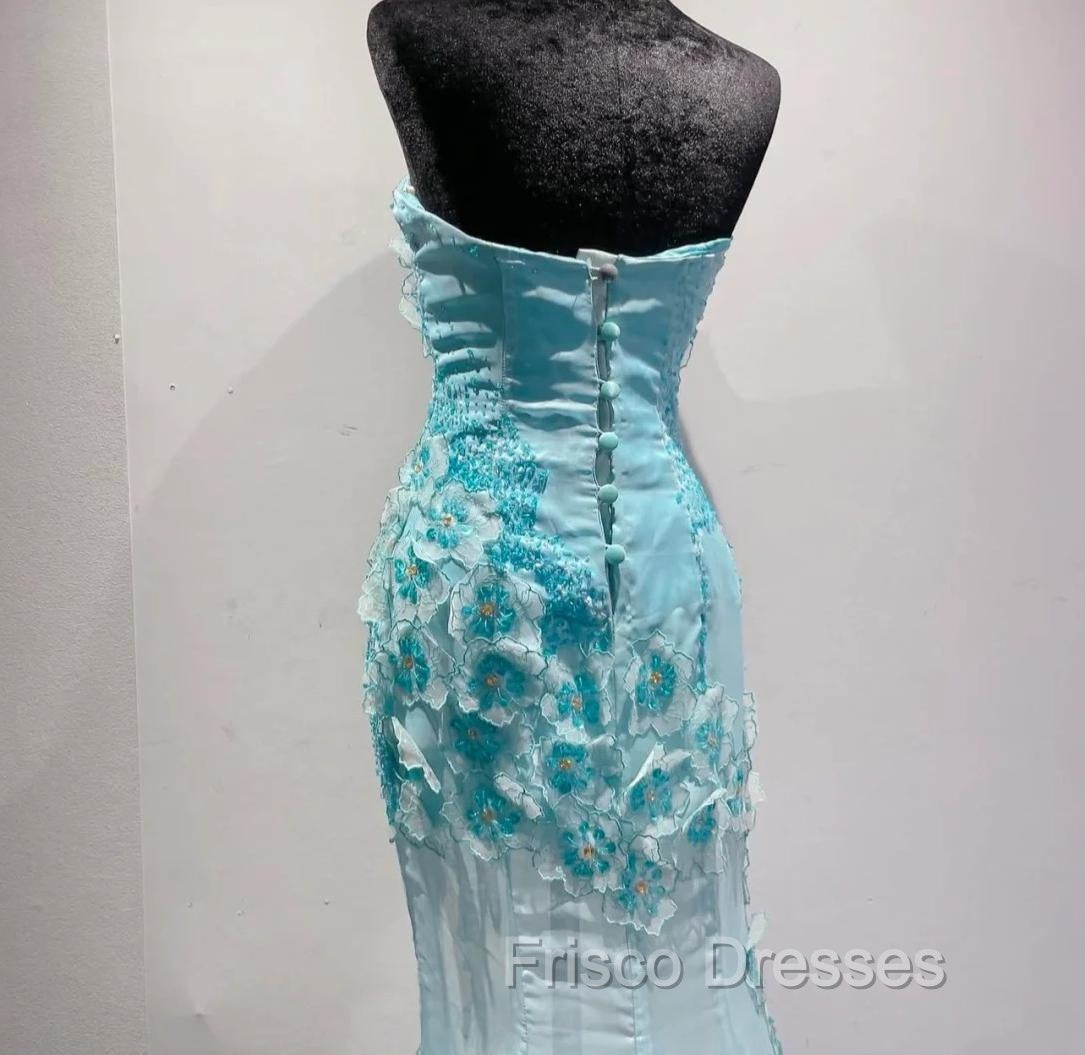 Ice Blue Ombre Mermaid Strapless Chiffon Long Wedding Dress With Appliques And Beading Formal Formal Prom Dress