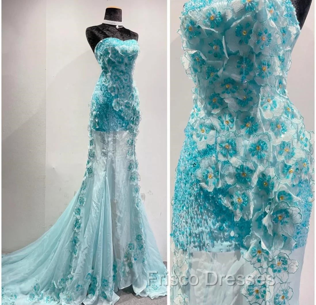 Ice Blue Ombre Mermaid Strapless Chiffon Long Wedding Dress With Appliques And Beading Formal Formal Prom Dress