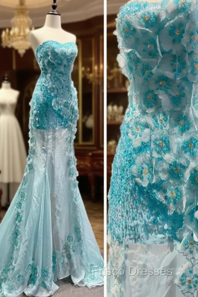 Ice Blue Ombre Mermaid Strapless Chiffon Long Wedding Dress With Appliques And Beading Formal Formal Prom Dress Main image