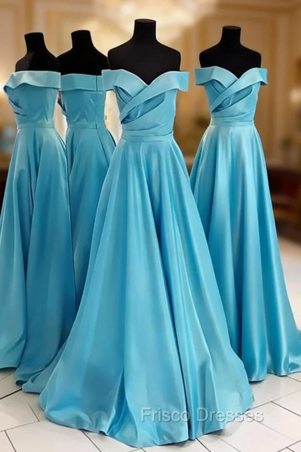 Ice Blue Formal Prom Dress, A-line/Princess Off-the-Shoulder Sleeveless Sweep Train Satin Formal Prom Dress