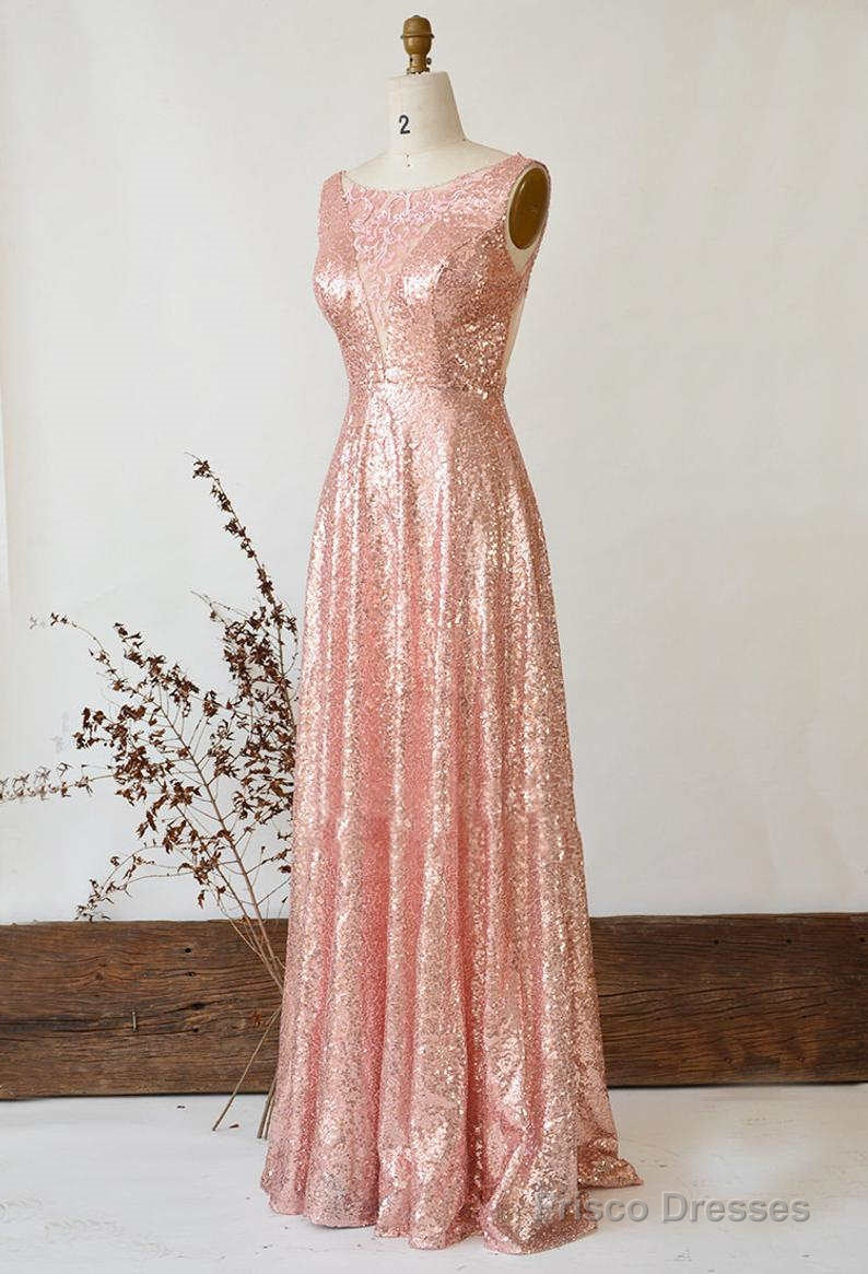 Illusion Lace V-Neck Gose Gold Sequined Bridesmaid Dress