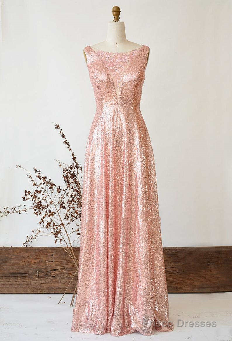 Illusion Lace V-Neck Gose Gold Sequined Bridesmaid Dress Main image