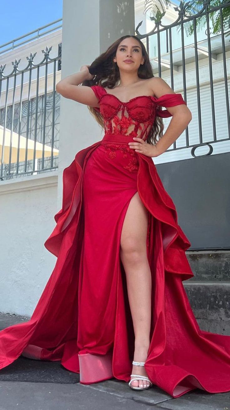 Illusion Off The Shoulder Red Floral Beaded Prom Evening Dress Main image