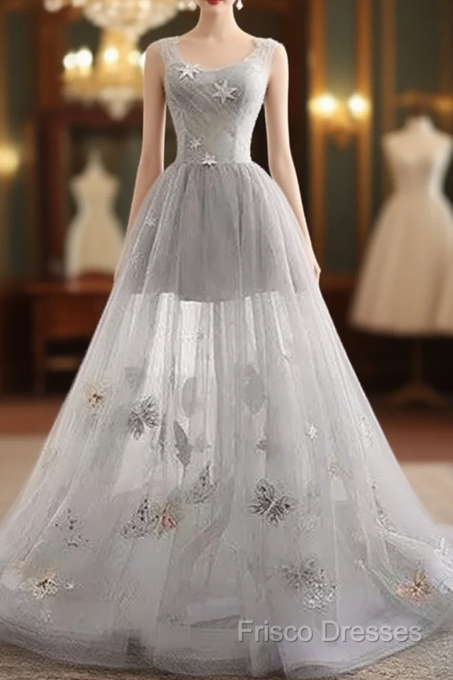 Illusion Tulle Short A-Line Gray Formal Prom Dress, Main image