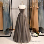 A-Line Formal Prom Dress Open Back Dress Formal Prom Wedding Party Floor Length Sleeveless Spaghetti Strap Tulle with Pleats