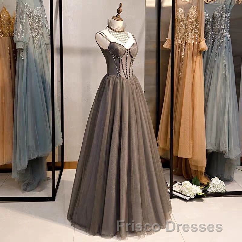 A-Line Formal Prom Dress Open Back Dress Formal Prom Wedding Party Floor Length Sleeveless Spaghetti Strap Tulle with Pleats