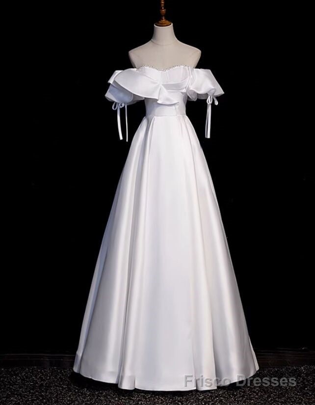 Impressive White Satin Off the Shoulder Beading Prom Dress