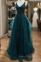 Ink Blue Formal Prom Dress, A-line V Neck Sleeveless Lace Tulle Long/Floor-Length Formal Prom Dress With Beading